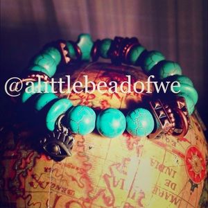Turquoise Beaded Bracelet with eye/copper charms